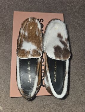 Acne Studios Cowhair Slip-On Moccasins in Brown and White